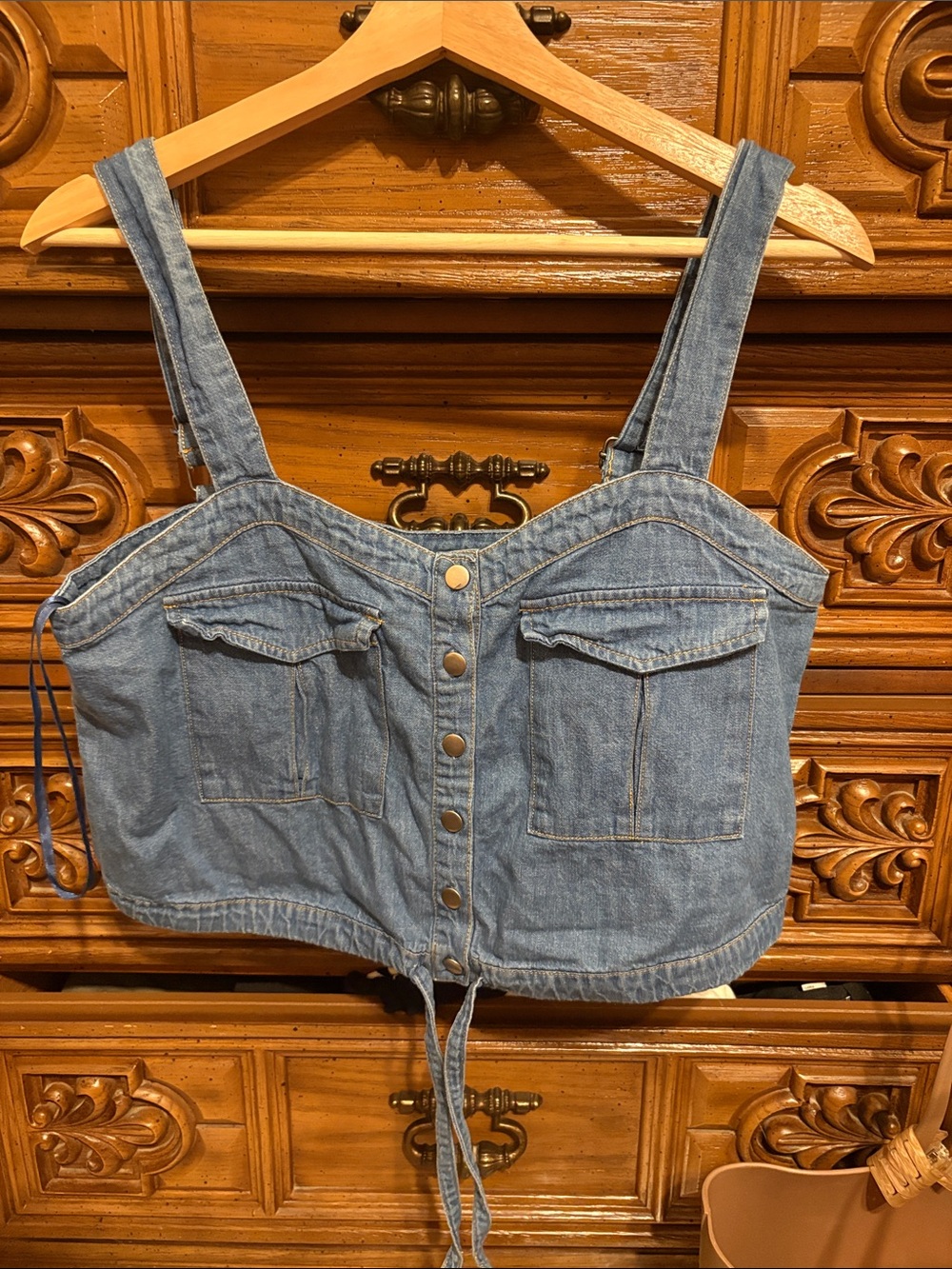 Free People Light Blue Denim Crop Button Tank